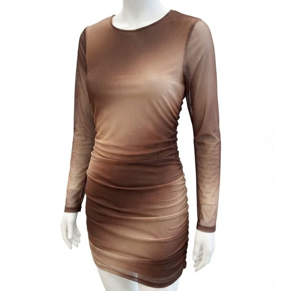 Milumia Womens Brown Ombre Mesh Ruched Long Sleeve Bodycon Mini Dress Large NWT